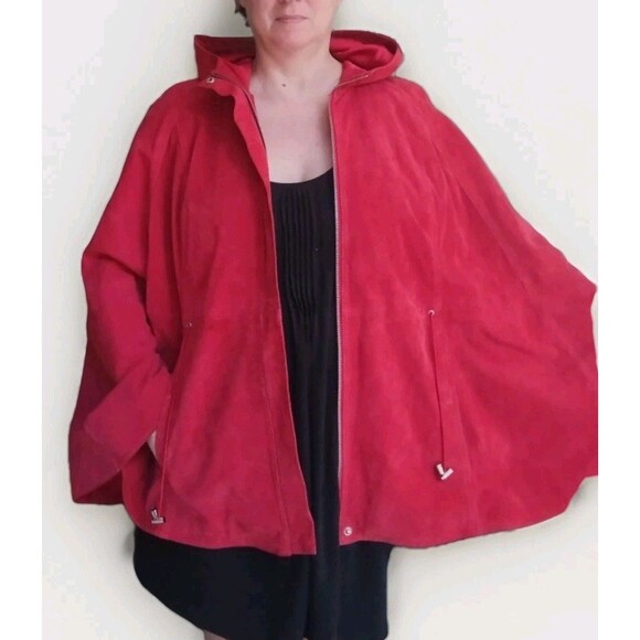 Red Suede Washable Full Zip Poncho / Cape W Pockets Drawstring & Hood One Size - Picture 5 of 15